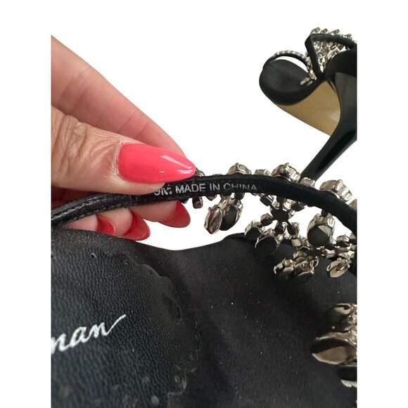 BEVERLY FELDMAN Rhinestone Black Satin Jeweled Sandals Heels Size 9 - Picture 7 of 12